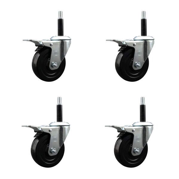 4'' Soft Rubber Swivel 3/4'' Expanding Stem Caster Set Total Lock Brake, 4PK